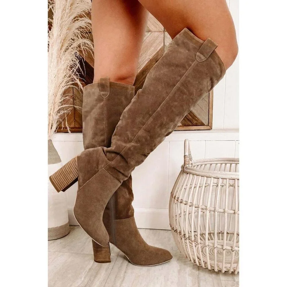 Women's 1 Taupe Suede Knee-high Boots Fall Boot Chunky Block High Heel